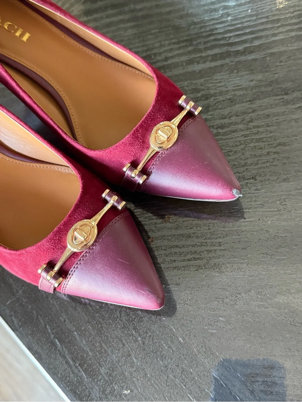 Coach Burgundy Pointed Toe Pumps with Gold Accent